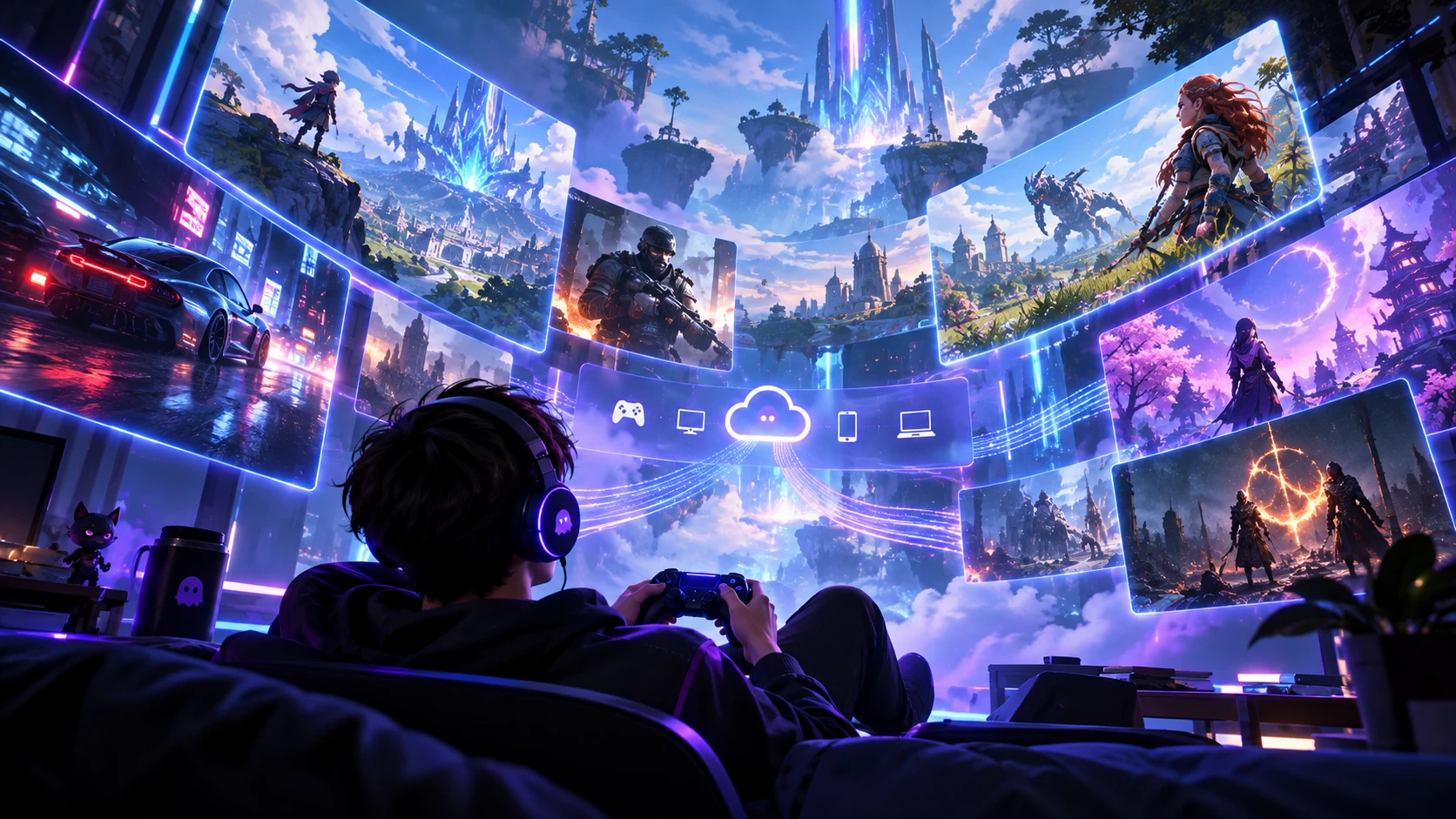 A player on the couch with a controller, surrounded by game worlds streamed from the Fantom cloud